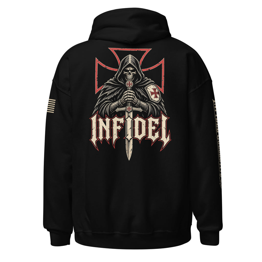 Black Knight of Creed pullover hoodie, back view showing armored knight and cross print