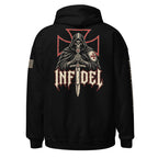 Black Knight of Creed pullover hoodie, back view showing armored knight and cross print