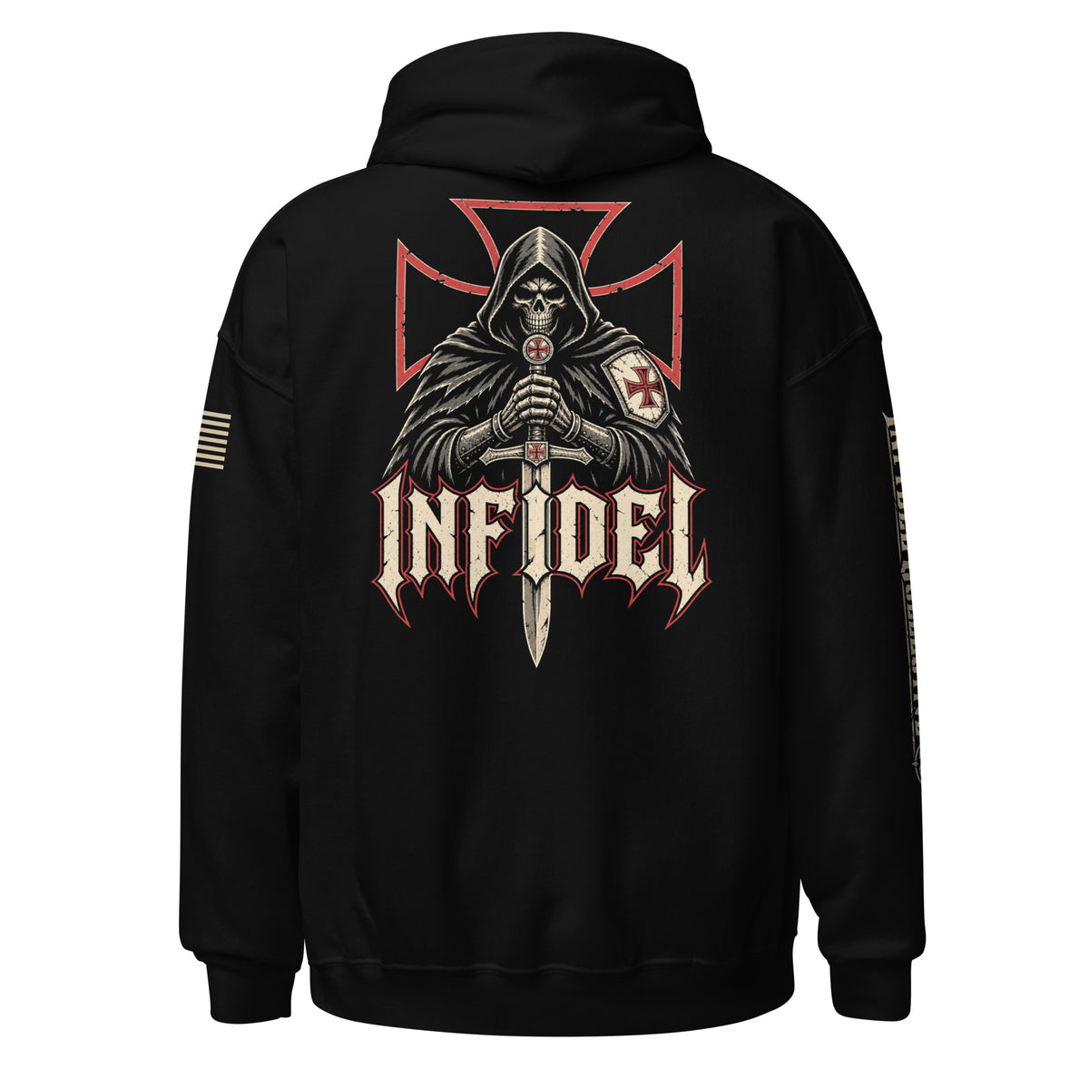 Black Knight of Creed pullover hoodie, back view showing armored knight and cross print