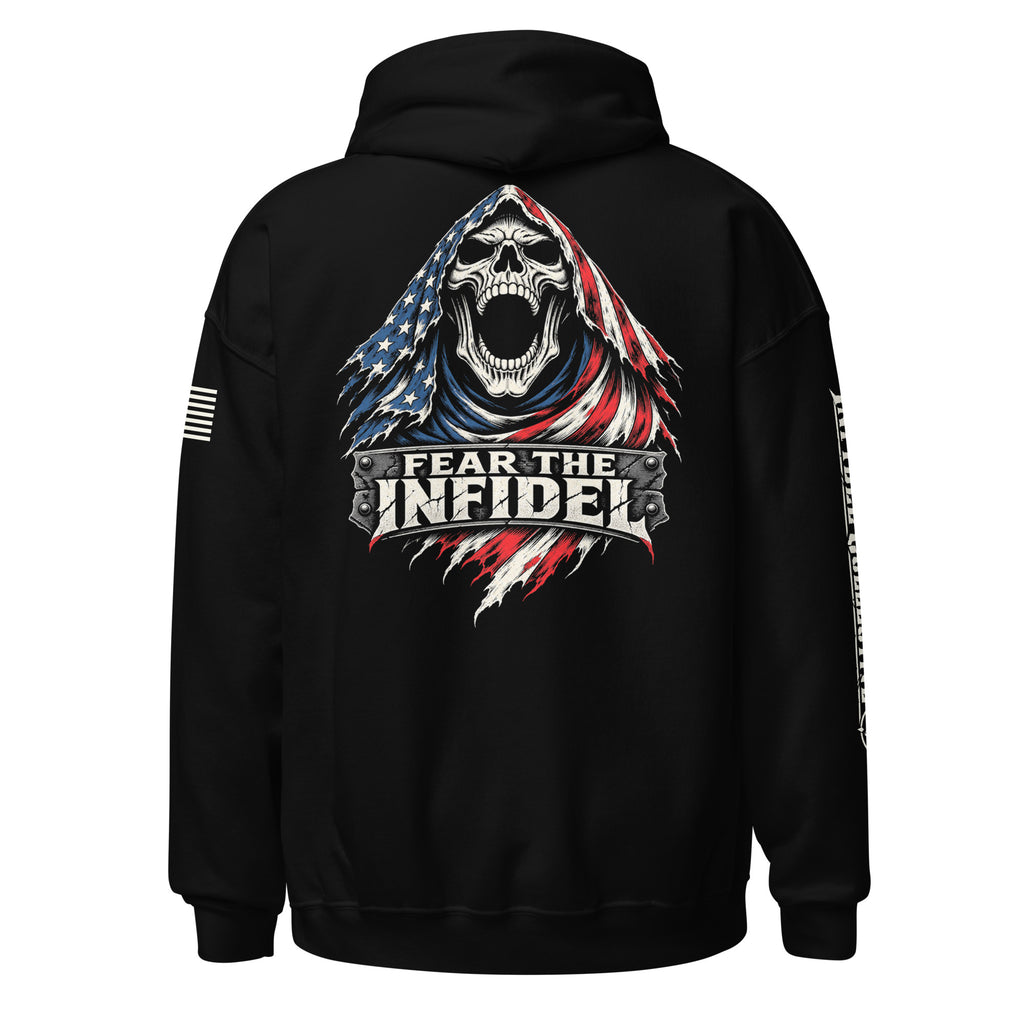 Back view of black Fear the Infidel Red Streak Reaper hoodie with reaper graphic