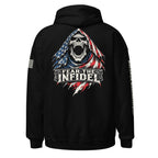 Back view of black Fear the Infidel Red Streak Reaper hoodie with reaper graphic