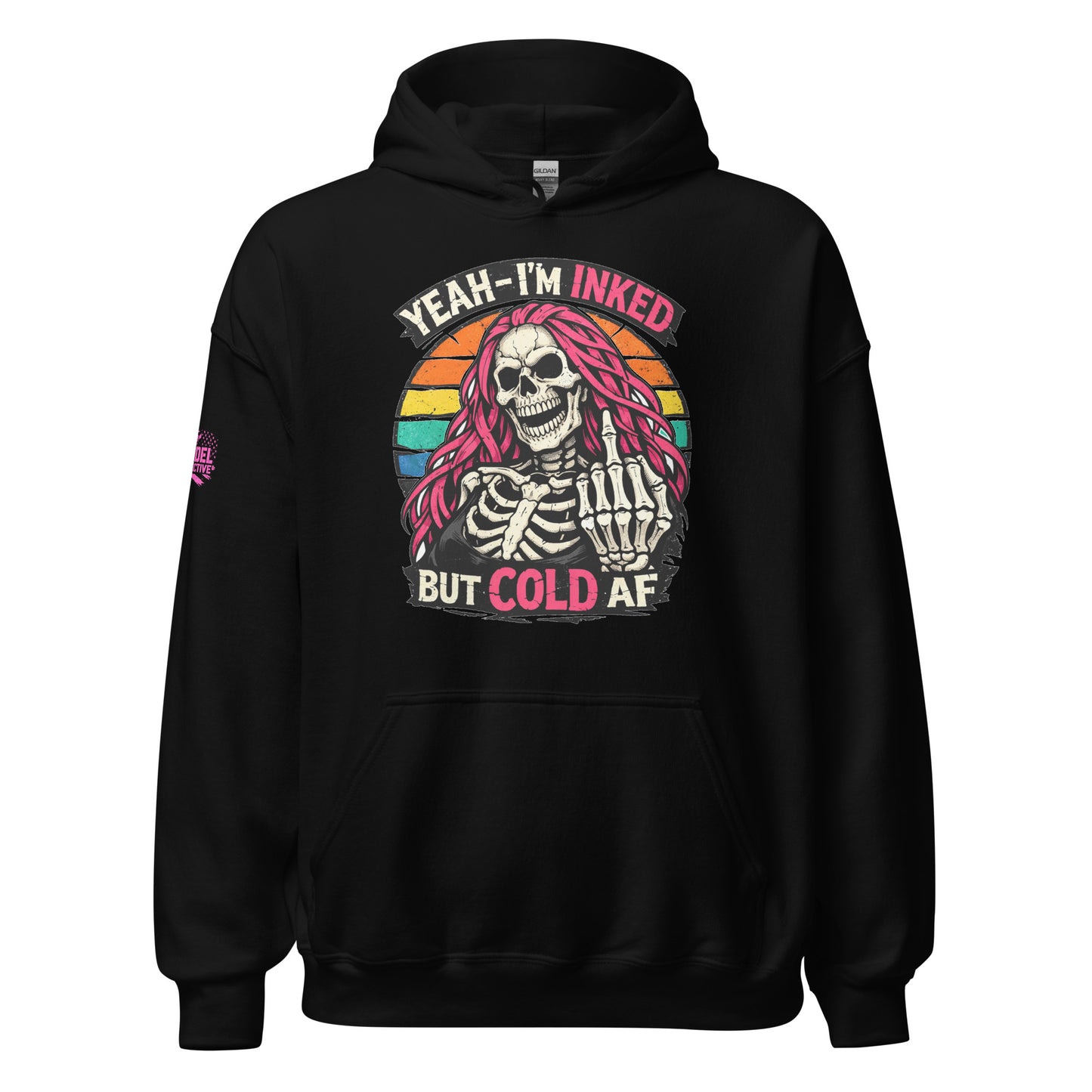Black hoodie with a skeleton design and text on a white background