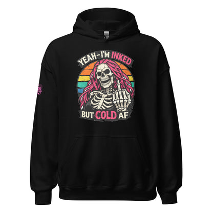 Black hoodie with a skeleton design and text on a white background