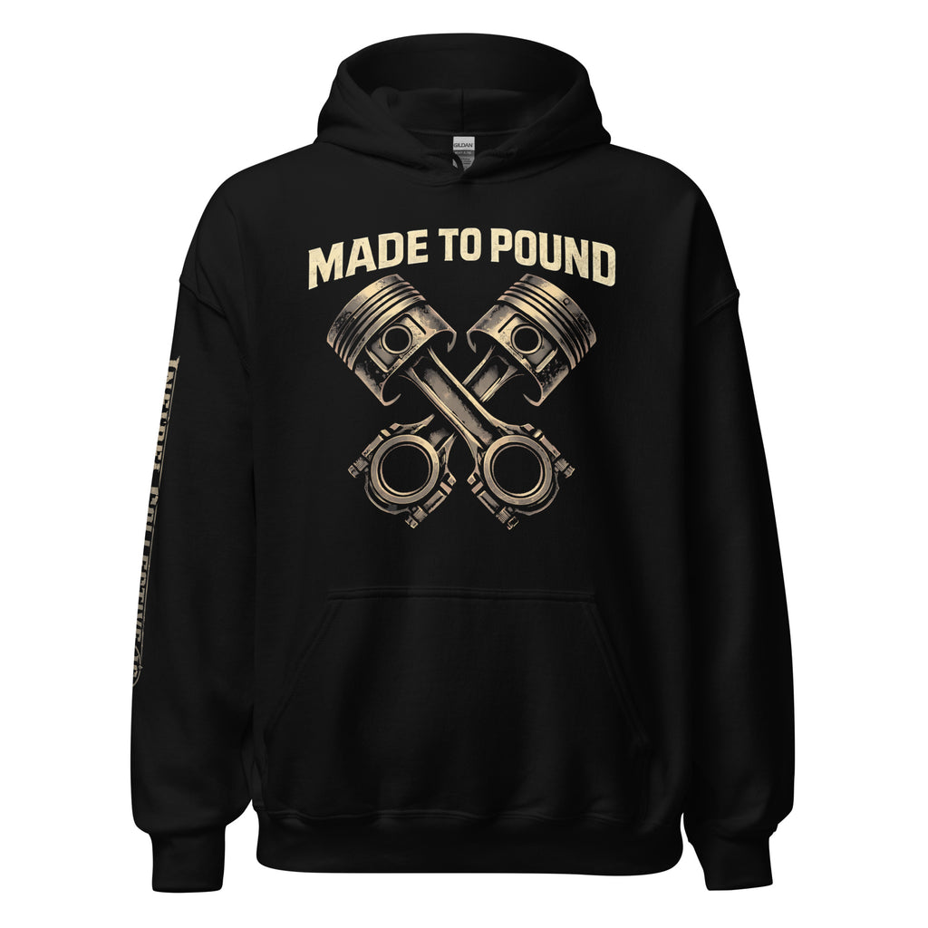 Made to Pound crossed pistons front print black hoodie from Infidel Collective