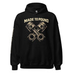 Made to Pound crossed pistons front print black hoodie from Infidel Collective