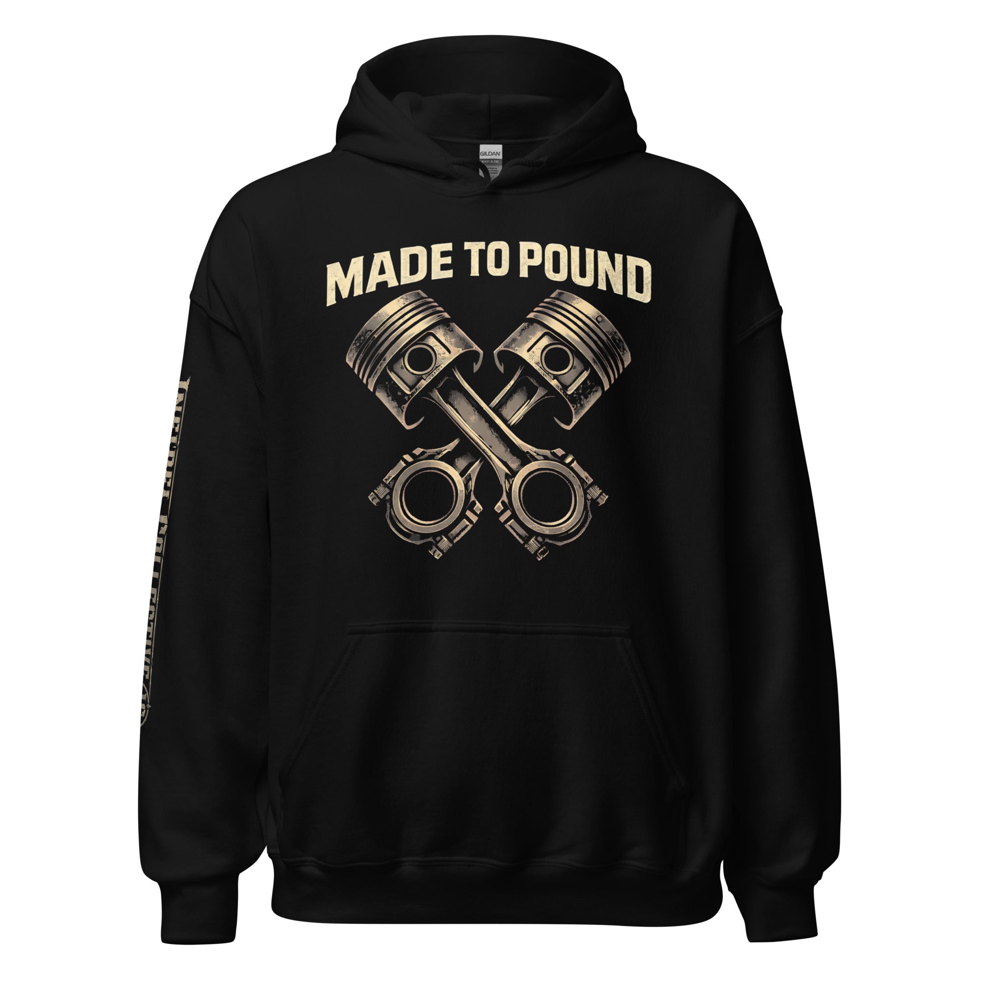 Made to Pound crossed pistons front print black hoodie from Infidel Collective