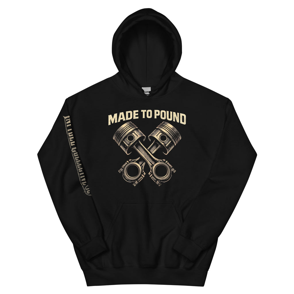 Made to Pound crossed pistons front print black hoodie from Infidel Collective