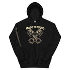 Made to Pound crossed pistons front print black hoodie from Infidel Collective