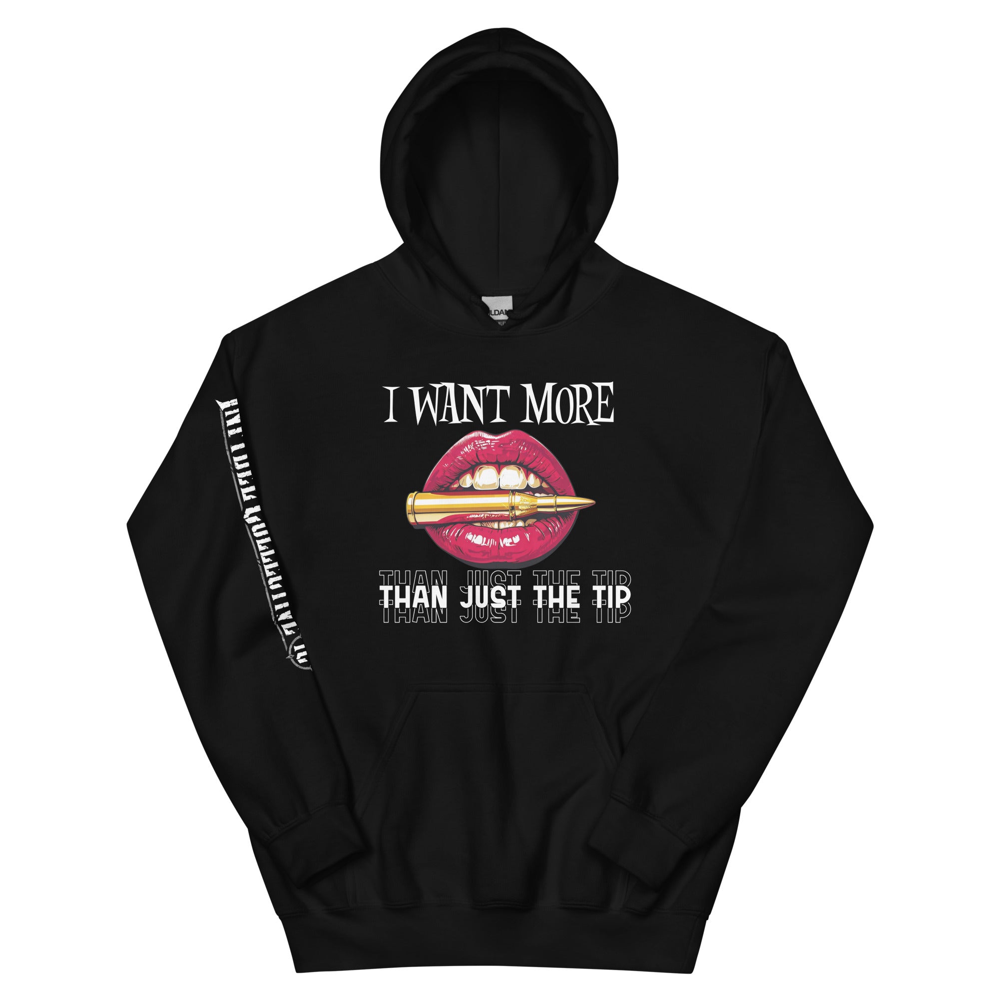 I Want More Than Just the Tip women’s front print black hoodie from Infidel Collective