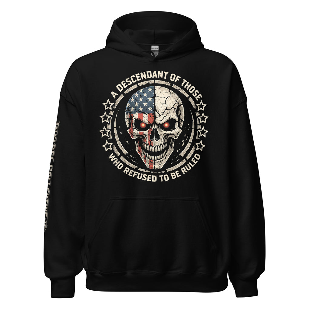 Descendant of the Unruled skull American flag front print black hoodie from Infidel Collective