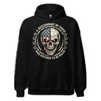 Descendant of the Unruled skull American flag front print black hoodie from Infidel Collective
