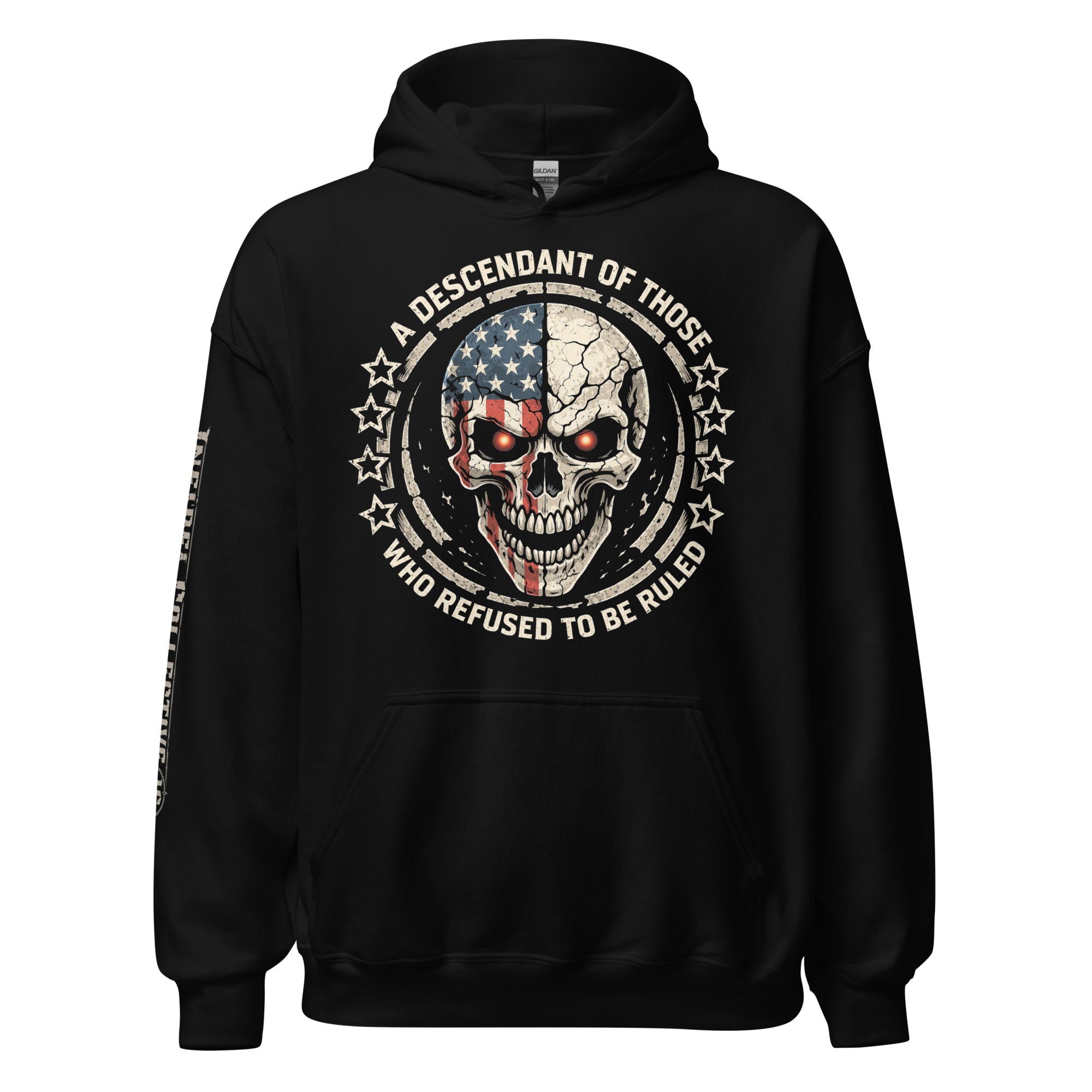 Descendant of the Unruled skull American flag front print black hoodie from Infidel Collective