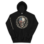 Flat lay of the Descendant of the Unruled skull American flag front print black hoodie from Infidel Collective
