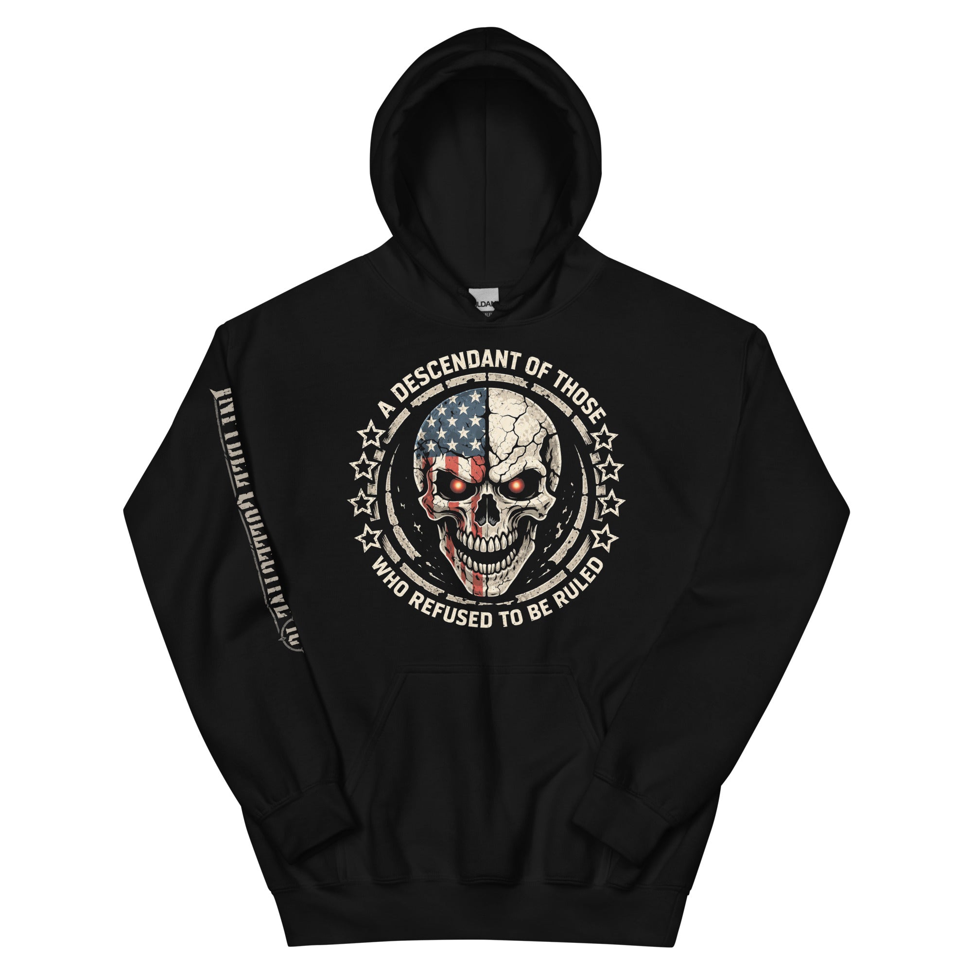 Flat lay of the Descendant of the Unruled skull American flag front print black hoodie from Infidel Collective