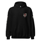 Black hoodie with a graphic design on the chest against a white background