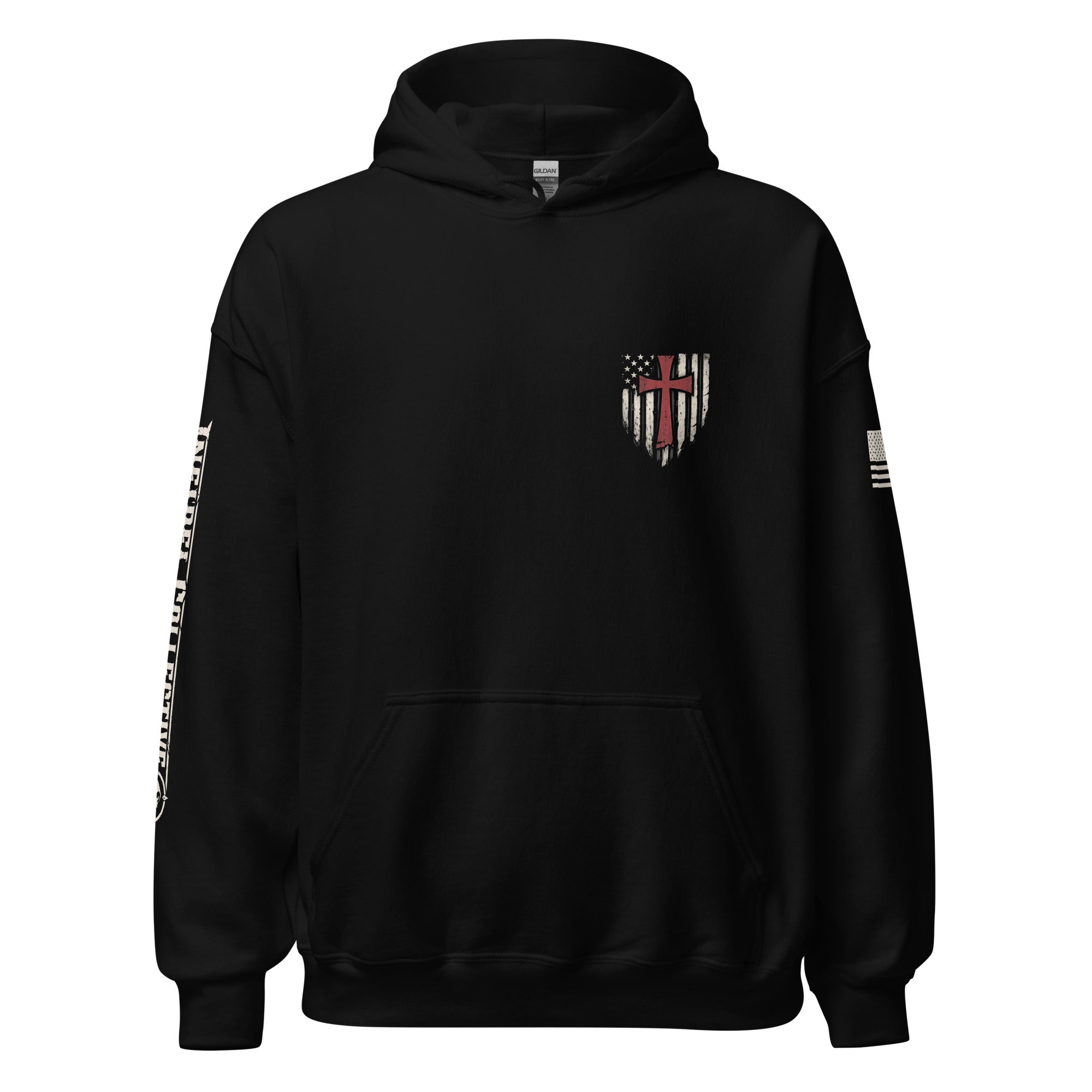 Black hoodie with a graphic design on the chest against a white background