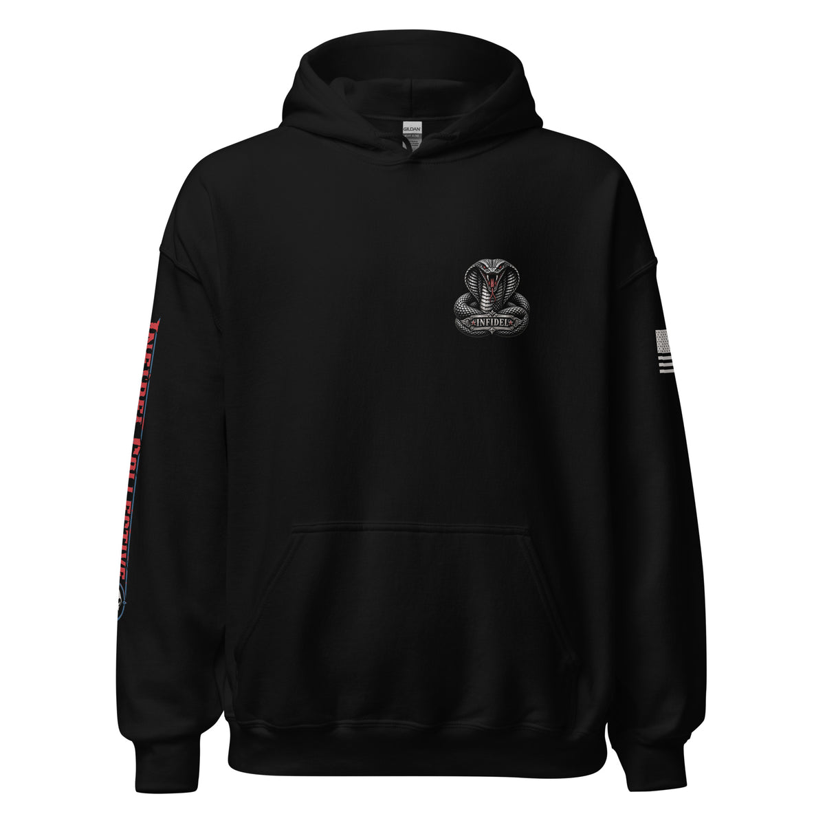 Front view of black Patriotic Cobra Infidel hoodie.