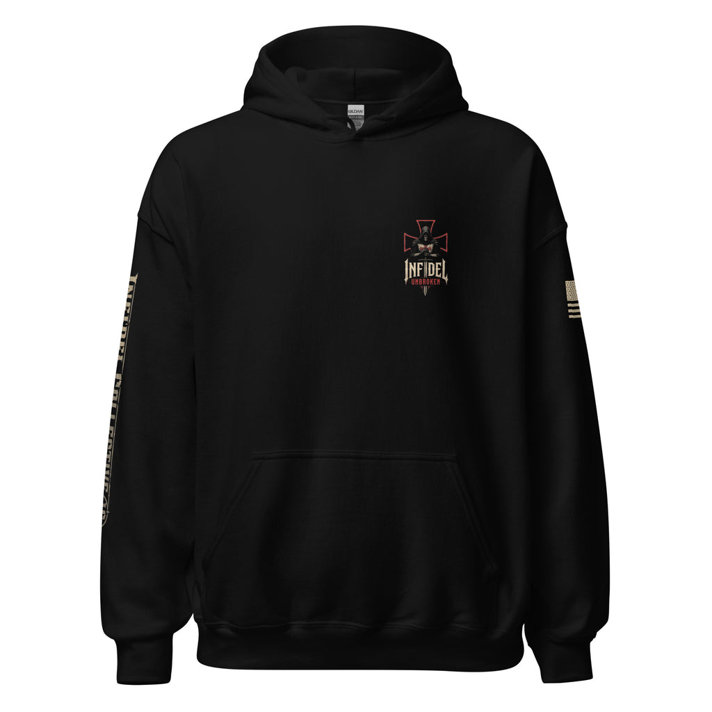 Black Knight of Creed pullover hoodie, front view