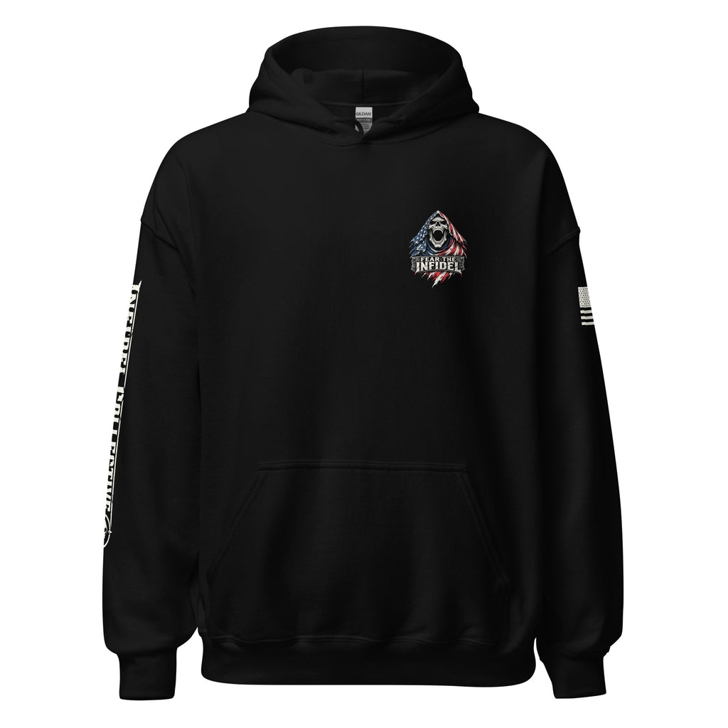 Front view of black Fear the Infidel Red Streak Reaper hoodie