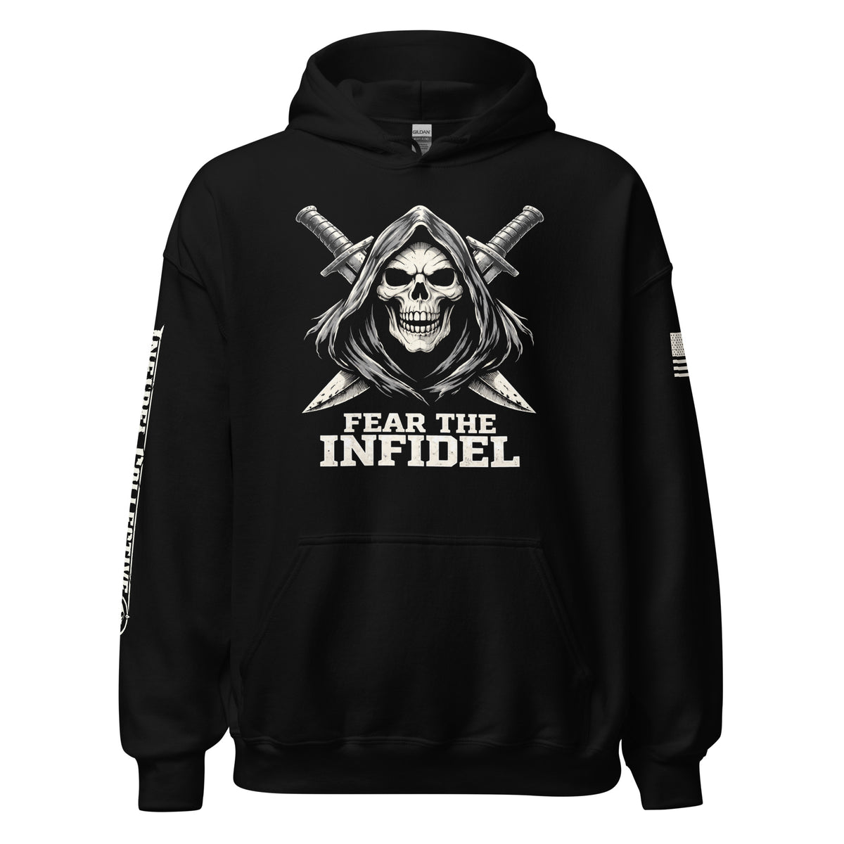 Fear the Infidel Reaper black hoodie with hooded skull, crossed swords and FEAR THE INFIDEL front graphic.