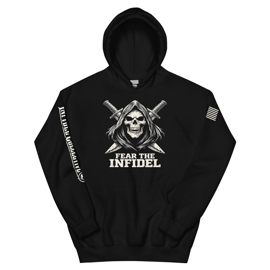 Front view of black Fear the Infidel Reaper hoodie with hooded skull and crossed swords graphic.