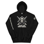 Front view of black Fear the Infidel Reaper hoodie with hooded skull and crossed swords graphic.