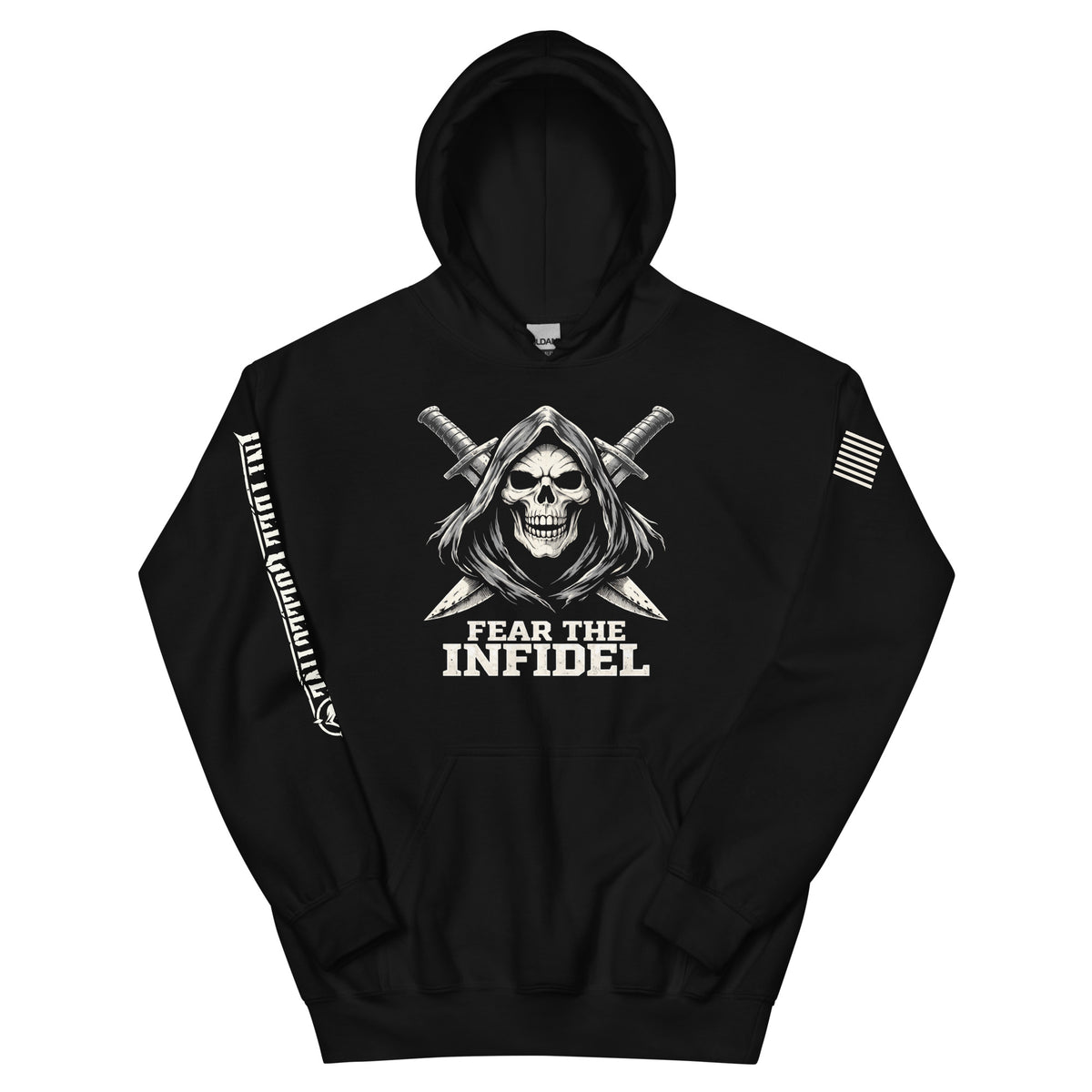 Front view of black Fear the Infidel Reaper hoodie with hooded skull and crossed swords graphic.