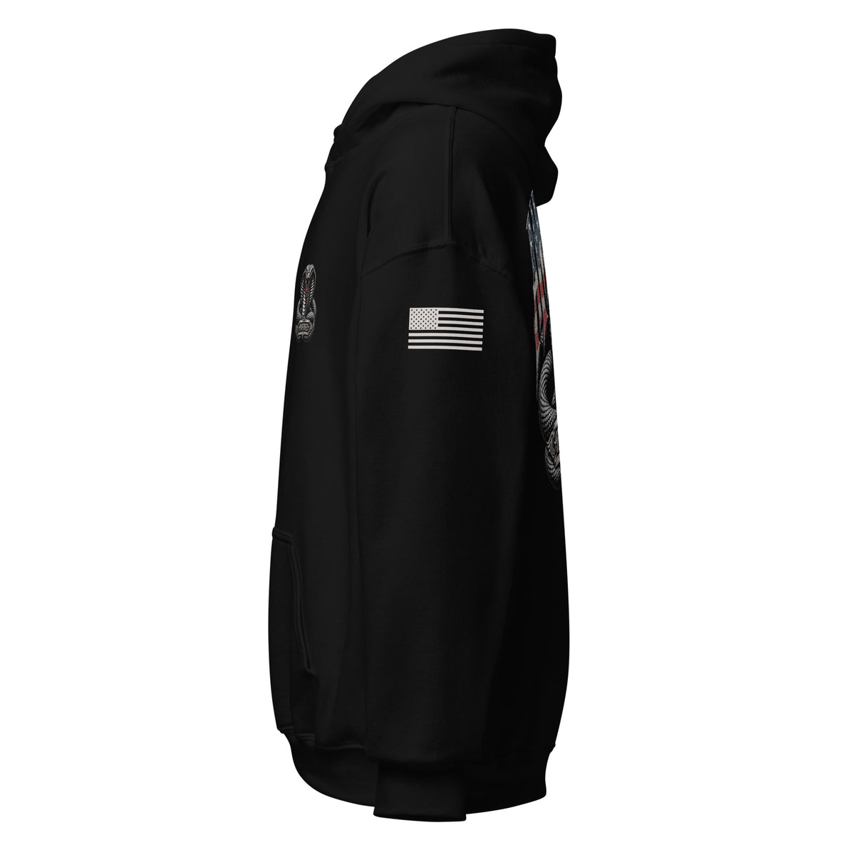 Left-side view of black Patriotic Cobra Infidel hoodie.