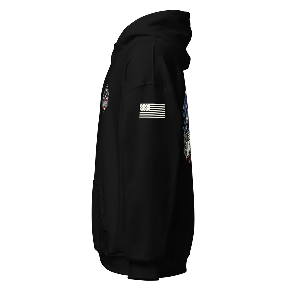 Left-side view of black Fear the Infidel Red Streak Reaper hoodie