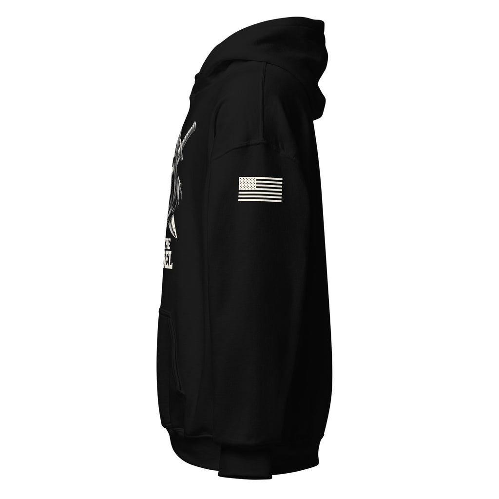 Left-side view of black Fear the Infidel Reaper hoodie with hooded skull and crossed swords front graphic.