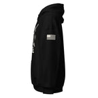 Left-side view of black Fear the Infidel Reaper hoodie with hooded skull and crossed swords front graphic.