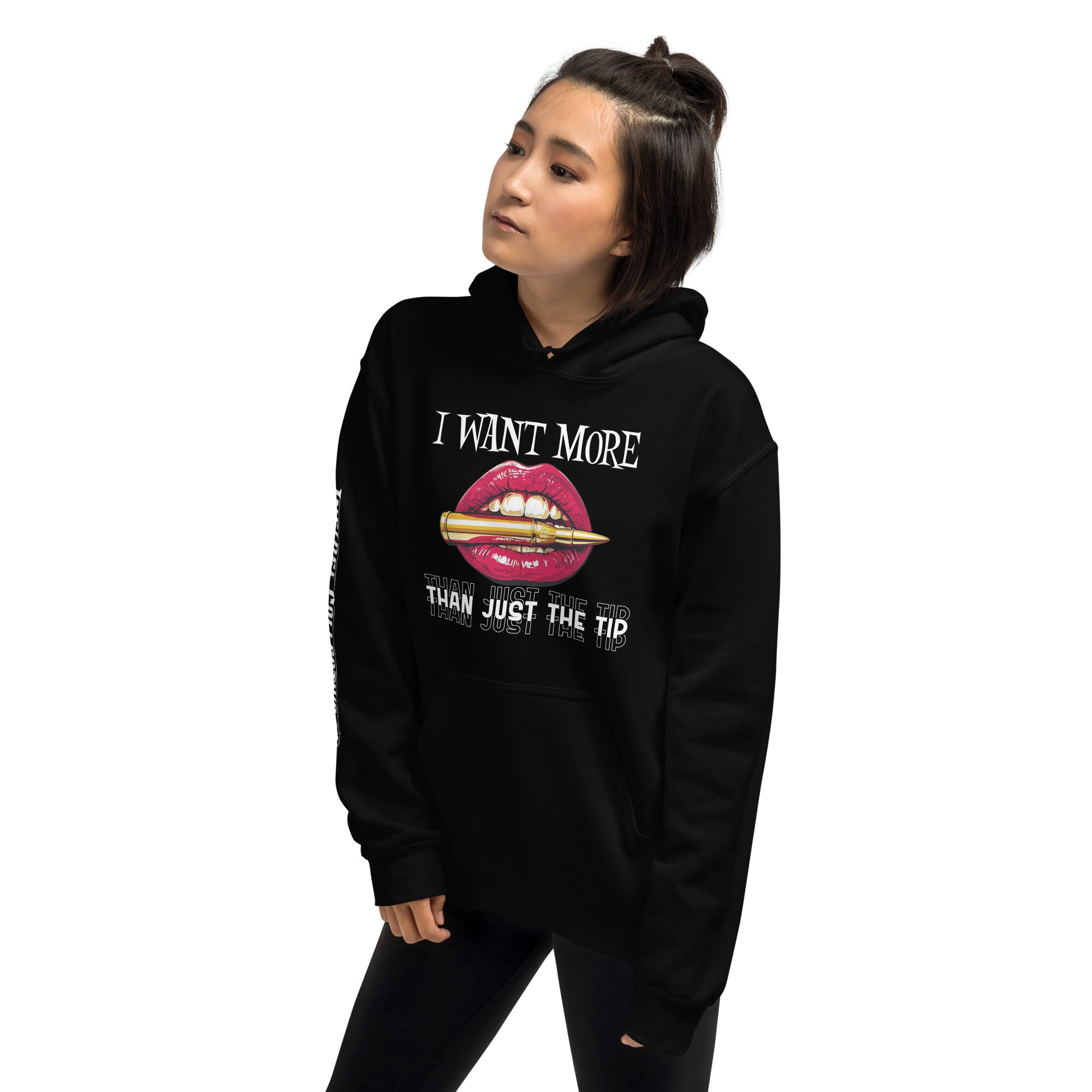 I Want More Than Just the Tip women’s front print black hoodie from Infidel Collective