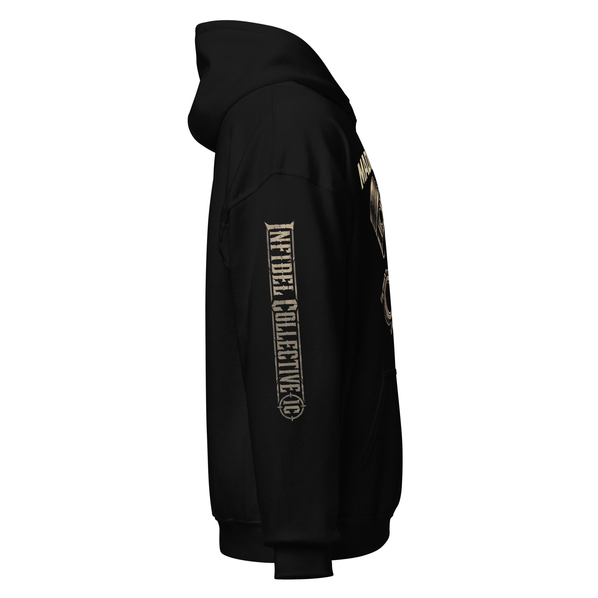 Made to Pound crossed pistons front print black hoodie from Infidel Collective