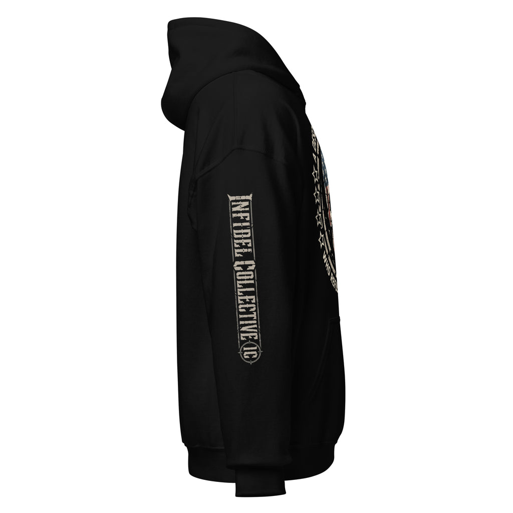 Descendant of the Unruled skull American flag front print black hoodie with arm print from Infidel Collective