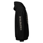 Descendant of the Unruled skull American flag front print black hoodie with arm print from Infidel Collective