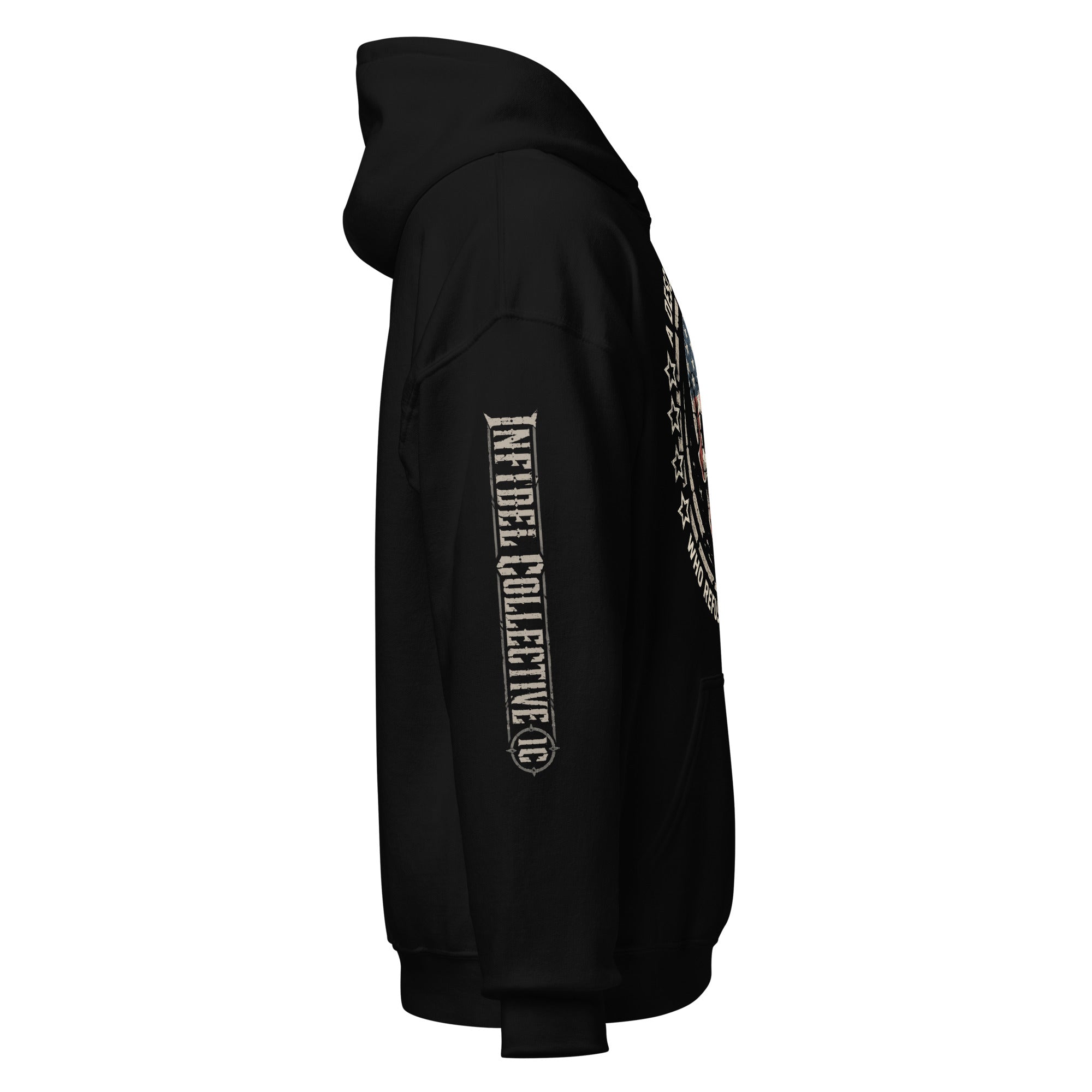 Descendant of the Unruled skull American flag front print black hoodie with arm print from Infidel Collective