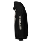 Black hoodie with white text "INFIDEL COLLECTIVE" and a reaper silhouette down the sleeve, against a white background.