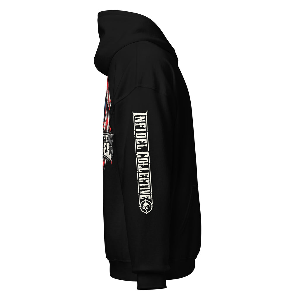 Right-side view of black Fear the Infidel Red Streak Reaper hoodie