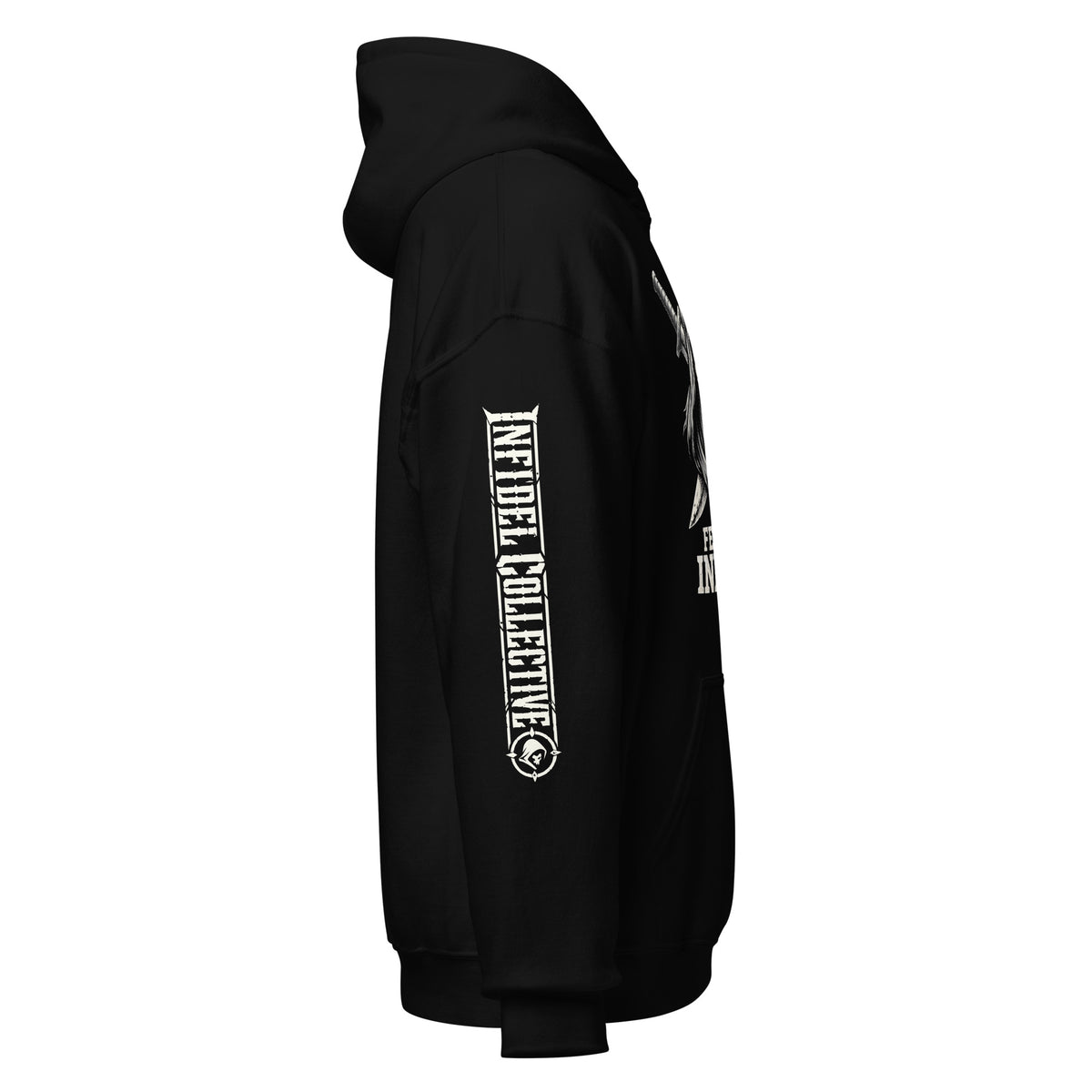 Right-side view of black Fear the Infidel Reaper hoodie with hooded skull and crossed swords front graphic.