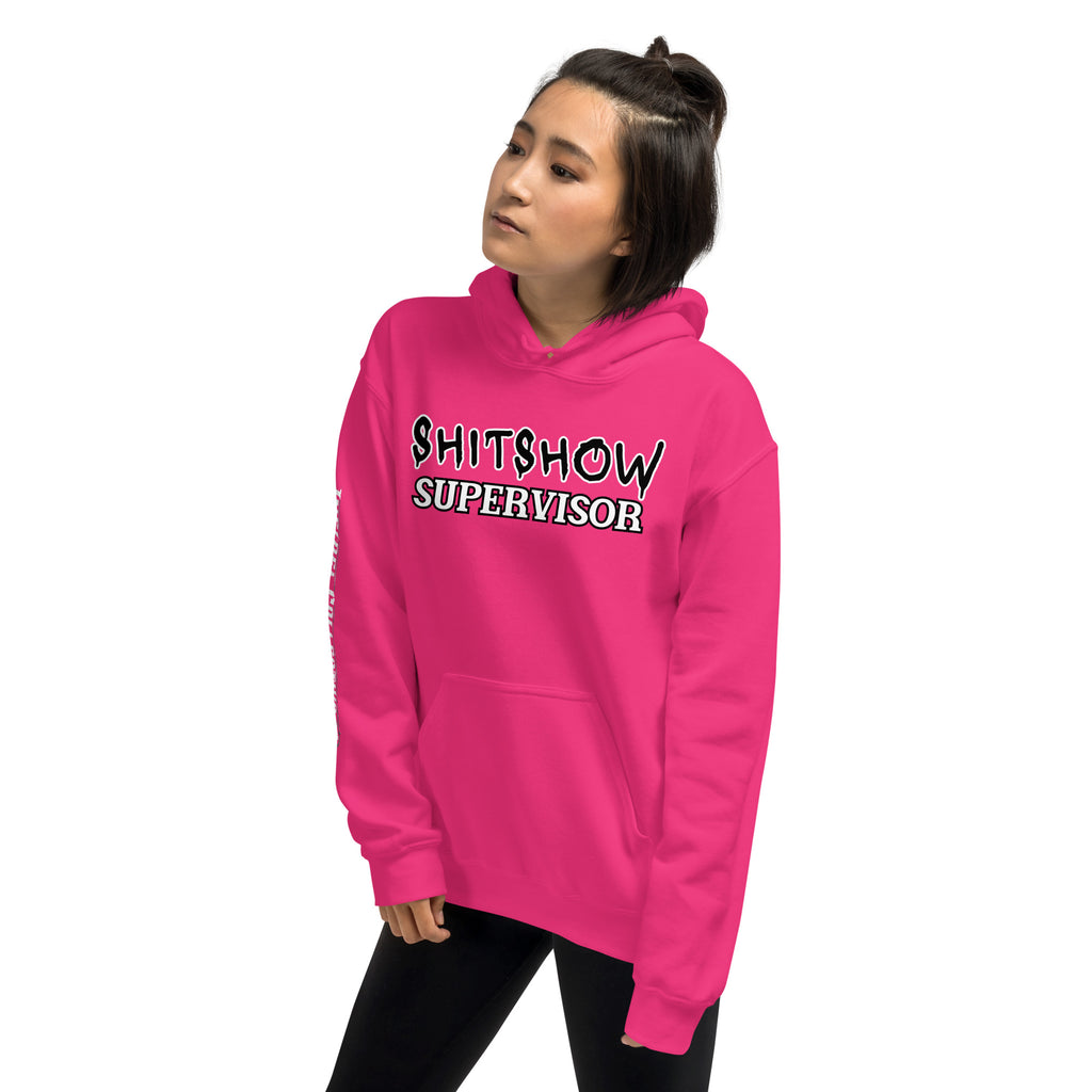 Shitshow Supervisor women’s front print pink hoodie from Infidel Collective