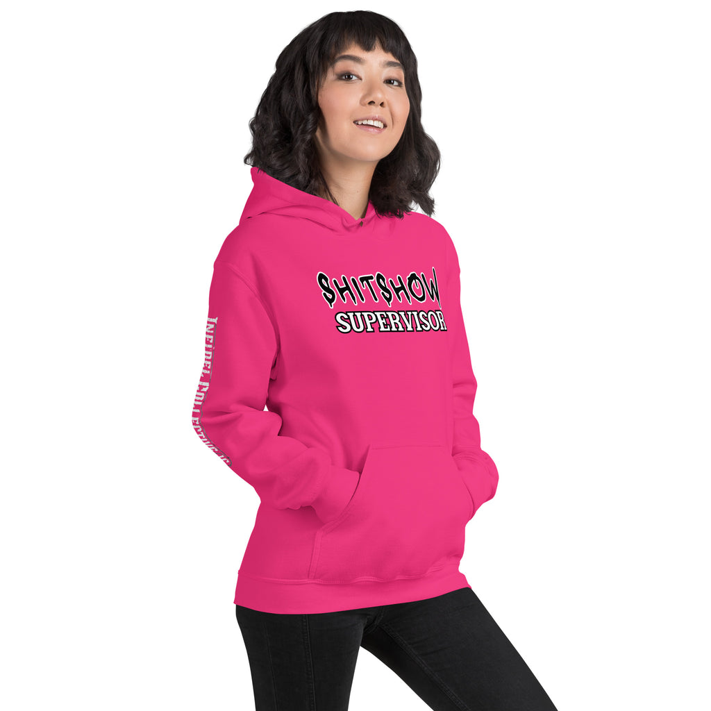 Shitshow Supervisor women’s front print pink hoodie from Infidel Collective