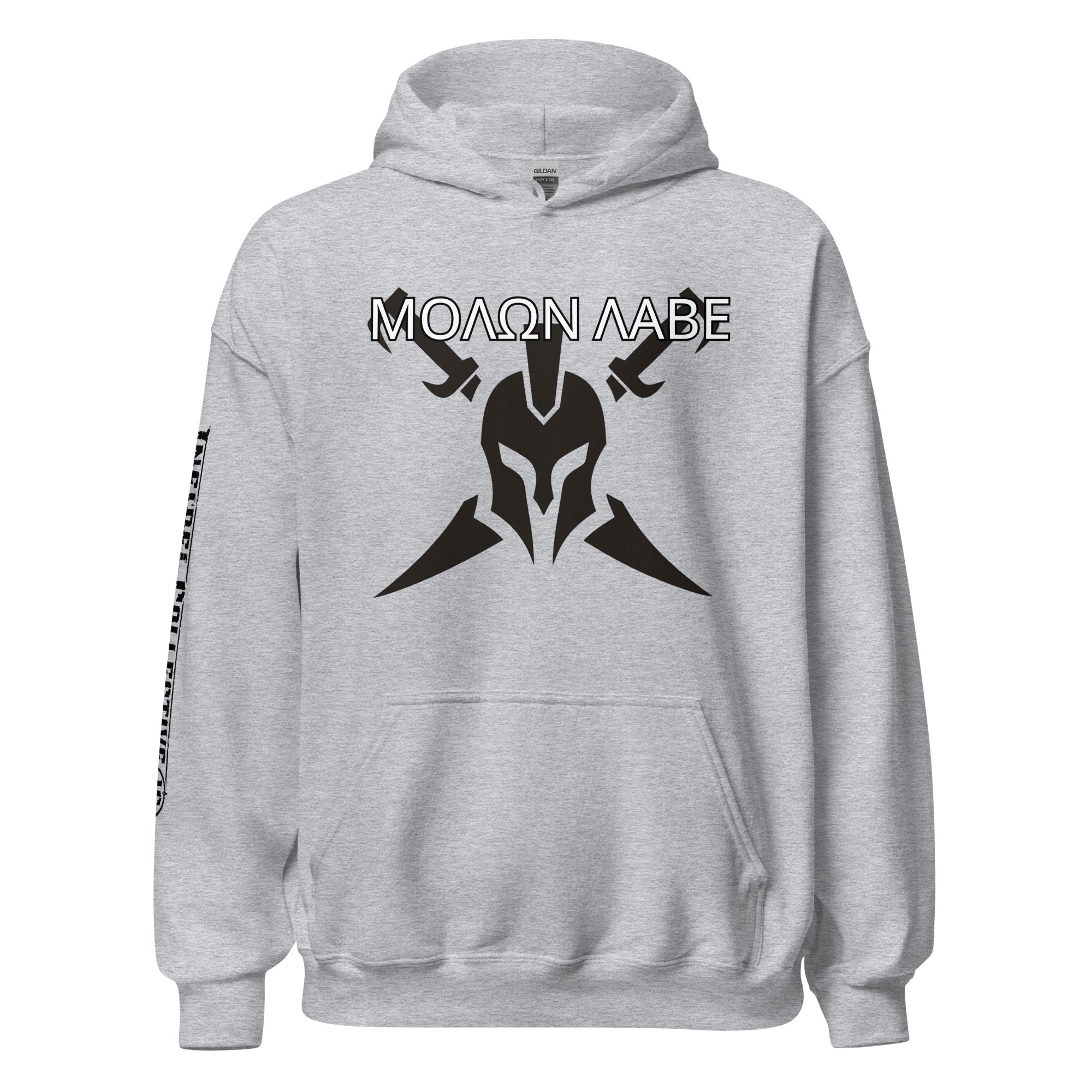 Molon Labe Spartan helmet crossed swords front print sport gray hoodie from Infidel Collective