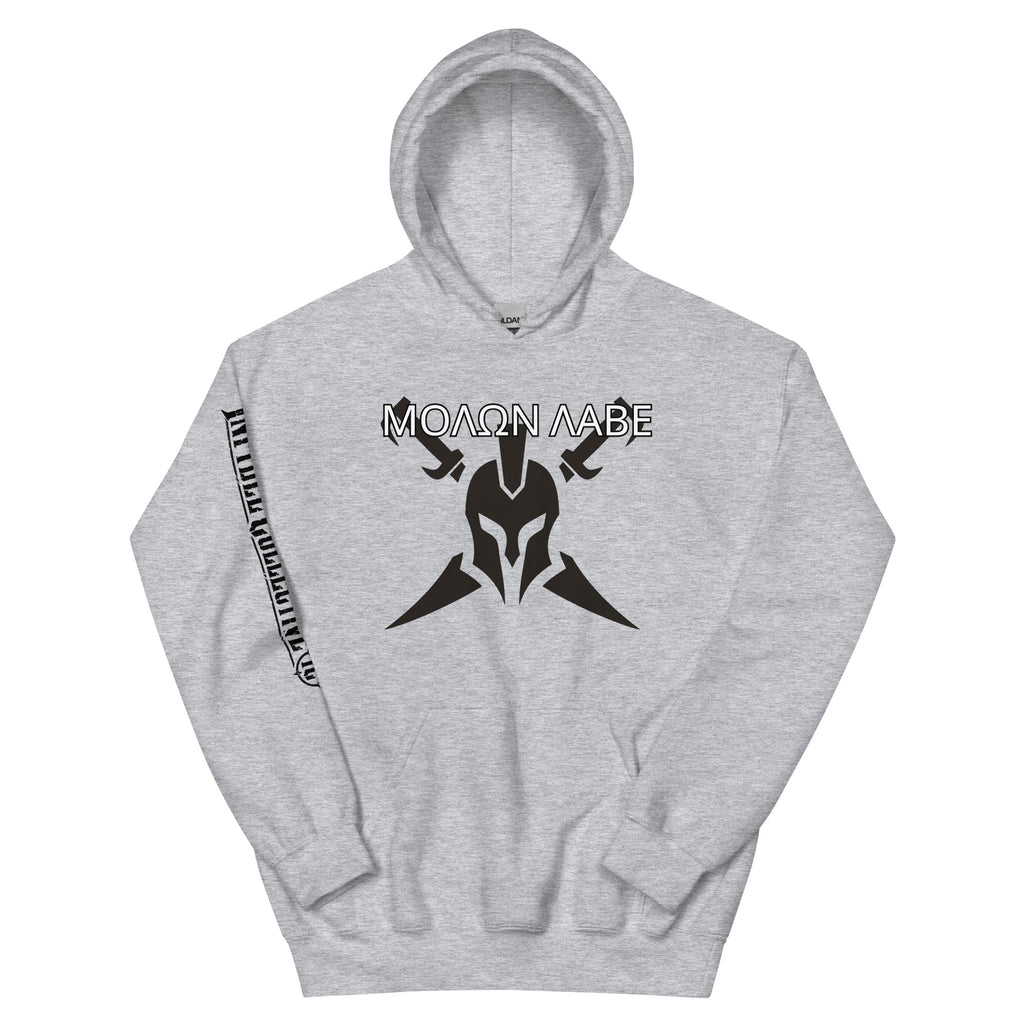 Molon Labe Spartan helmet crossed swords front print sport gray hoodie from Infidel Collective