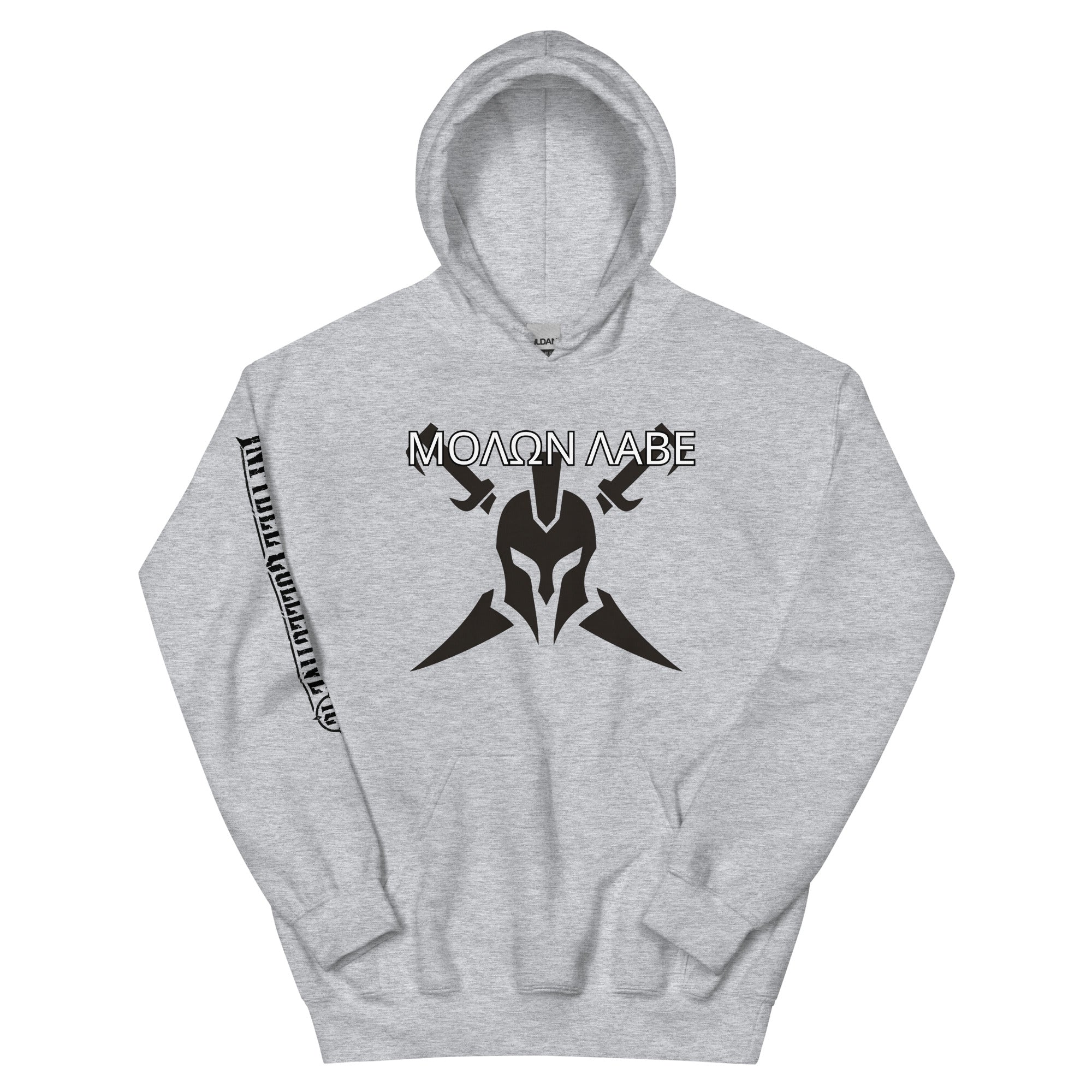 Molon Labe Spartan helmet crossed swords front print sport gray hoodie from Infidel Collective