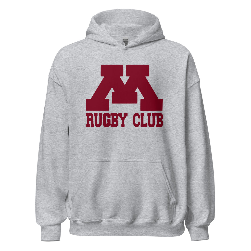 M Rugby Club sport gray pullover hoodie, front view.