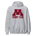 M Rugby Club sport gray pullover hoodie, front view.