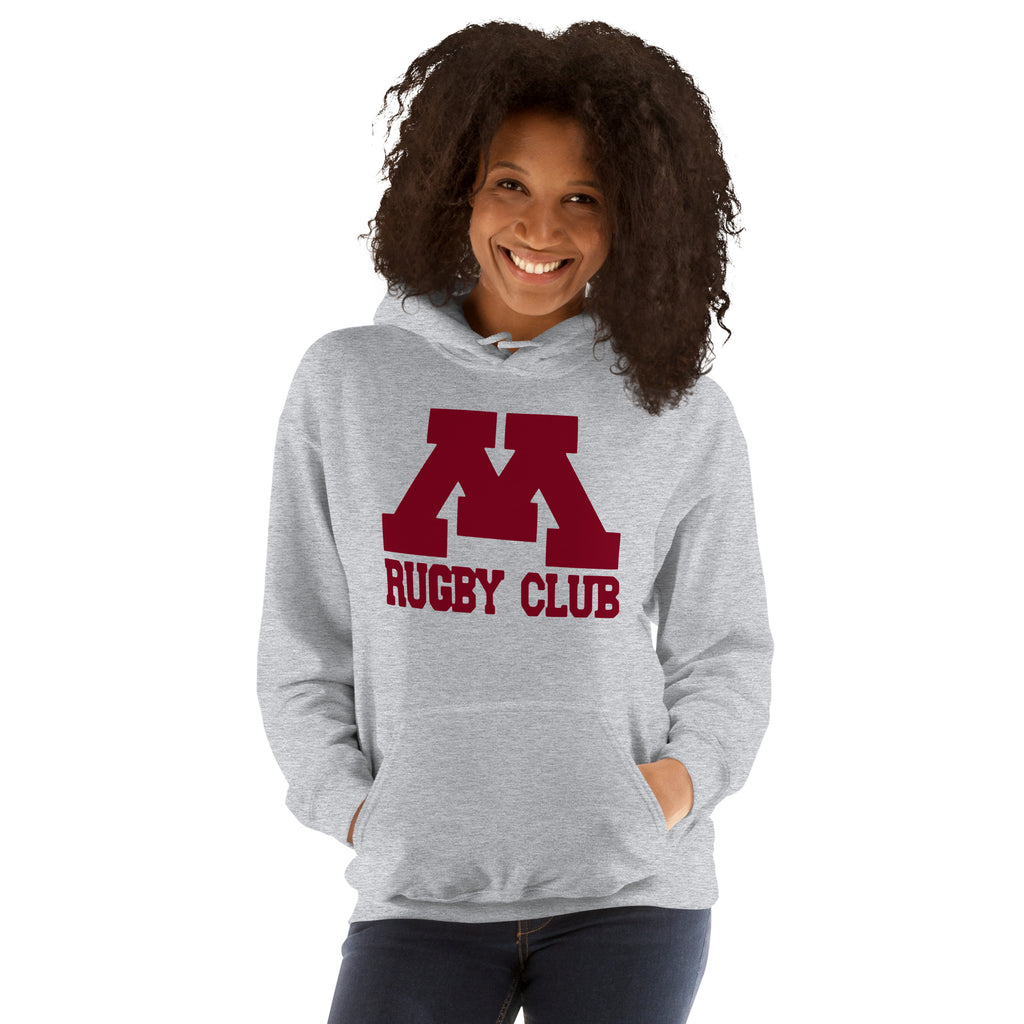 M Rugby Club sport gray pullover hoodie, alternate front view.