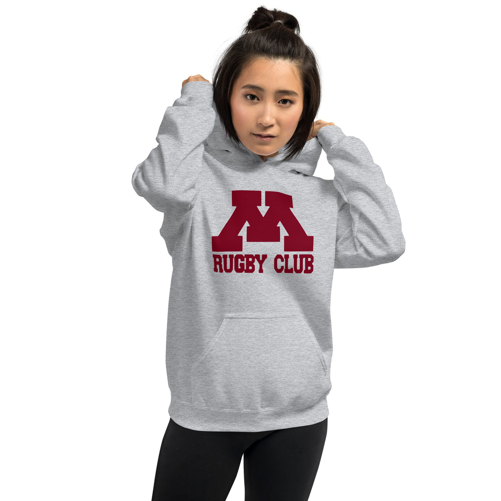 M Rugby Club sport gray pullover hoodie, second alternate front view.