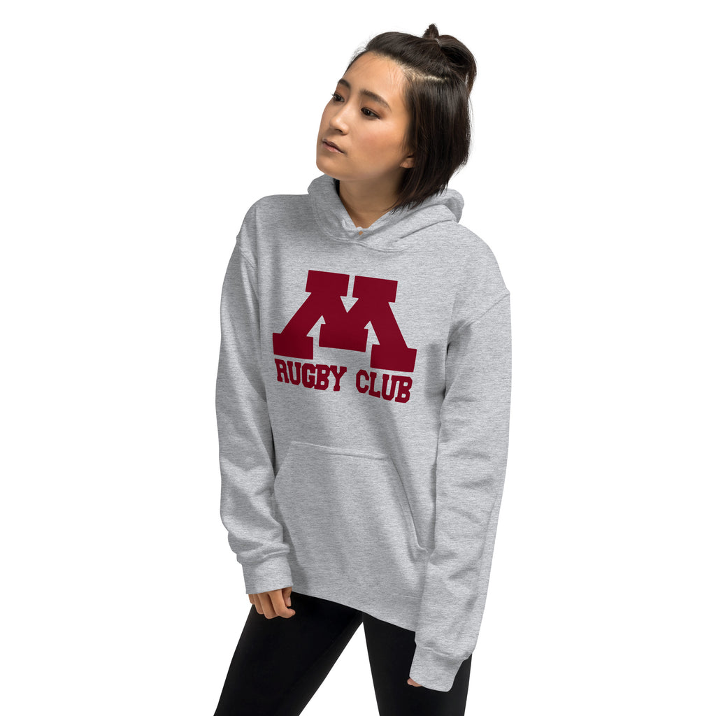 M Rugby Club sport gray pullover hoodie, left-side view.