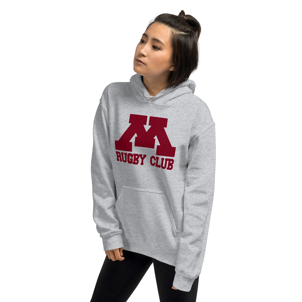 M Rugby Club sport gray pullover hoodie, left-side view.